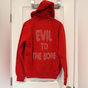 Y2K Wicked Red Hoodie with “Evil to the Bone” Rhinestone Graphic Text
